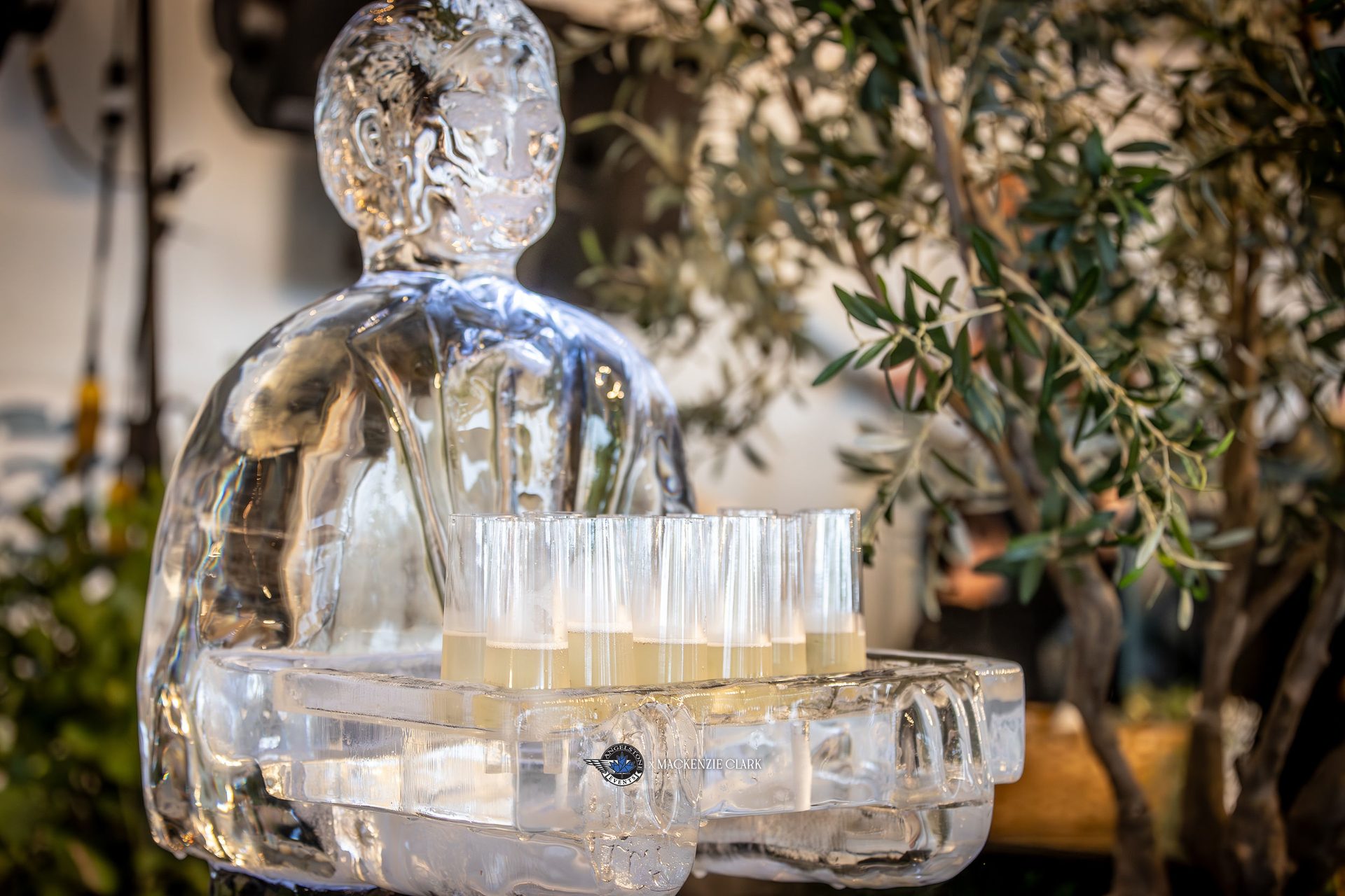 Champagne flutes on an ice sculpture in the hospitality tent