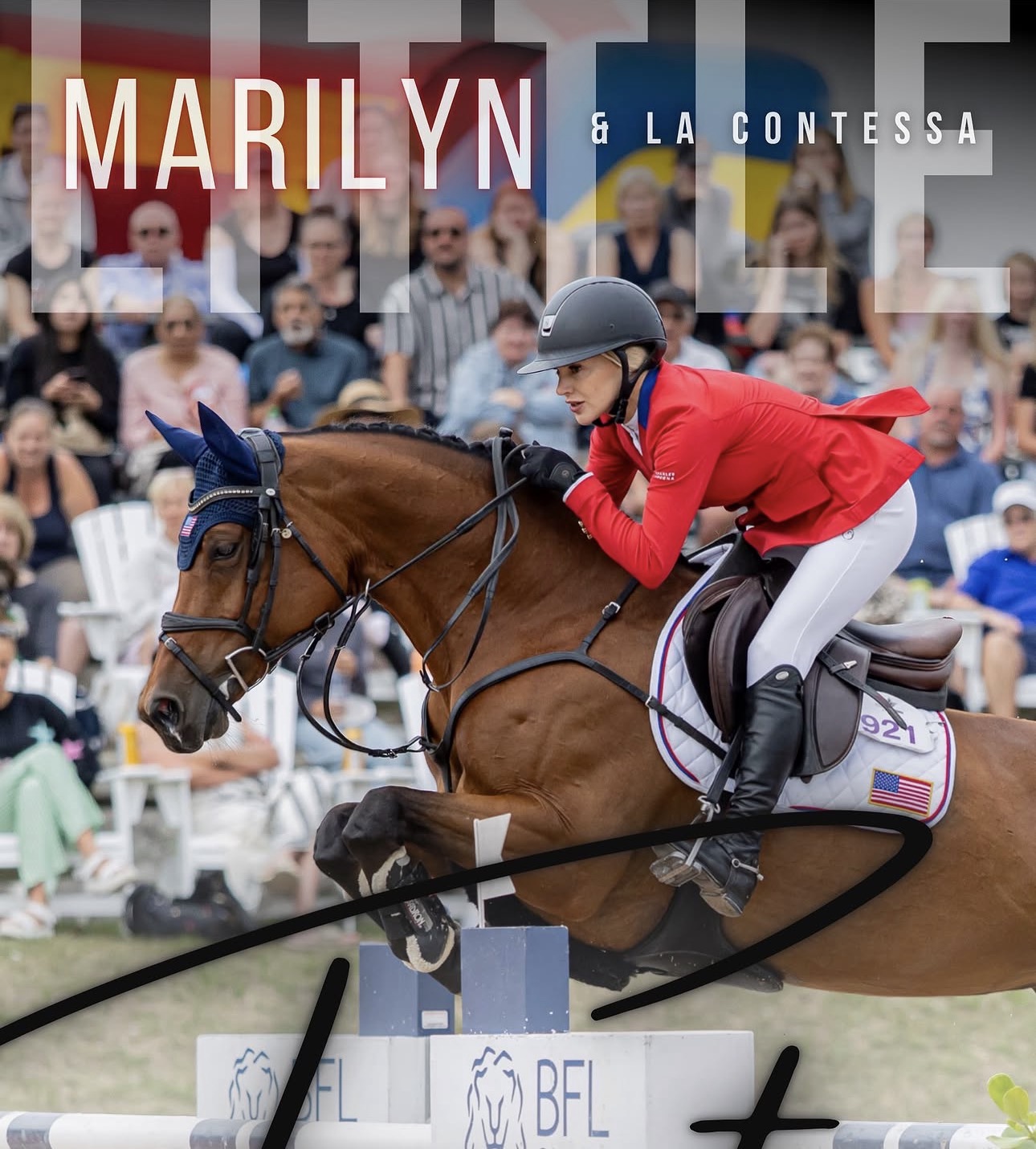 Marilyn Little and La Contessa jumping with crowd at Nations Cup Caledon